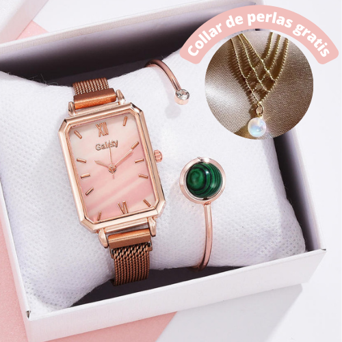 🔥PRODUCTO EXCLUSIVO | Reloj de lujo y pulsera de esmeraldas para elegancia 💚 + Collar de perlas gratis💎